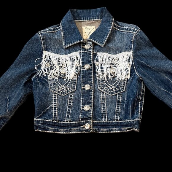 Custom One Of A Kind "Diva" Fringe and Rhinestone Jean Denim Jacket Kids Size L - Picture 4 of 6